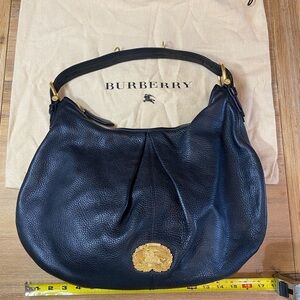 Burberry Black Pebbled Leather Hobo Bag with Gold Accents